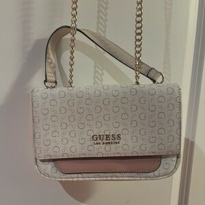 GUESS Logo Patterned Cream and Pink Shoulder Bag